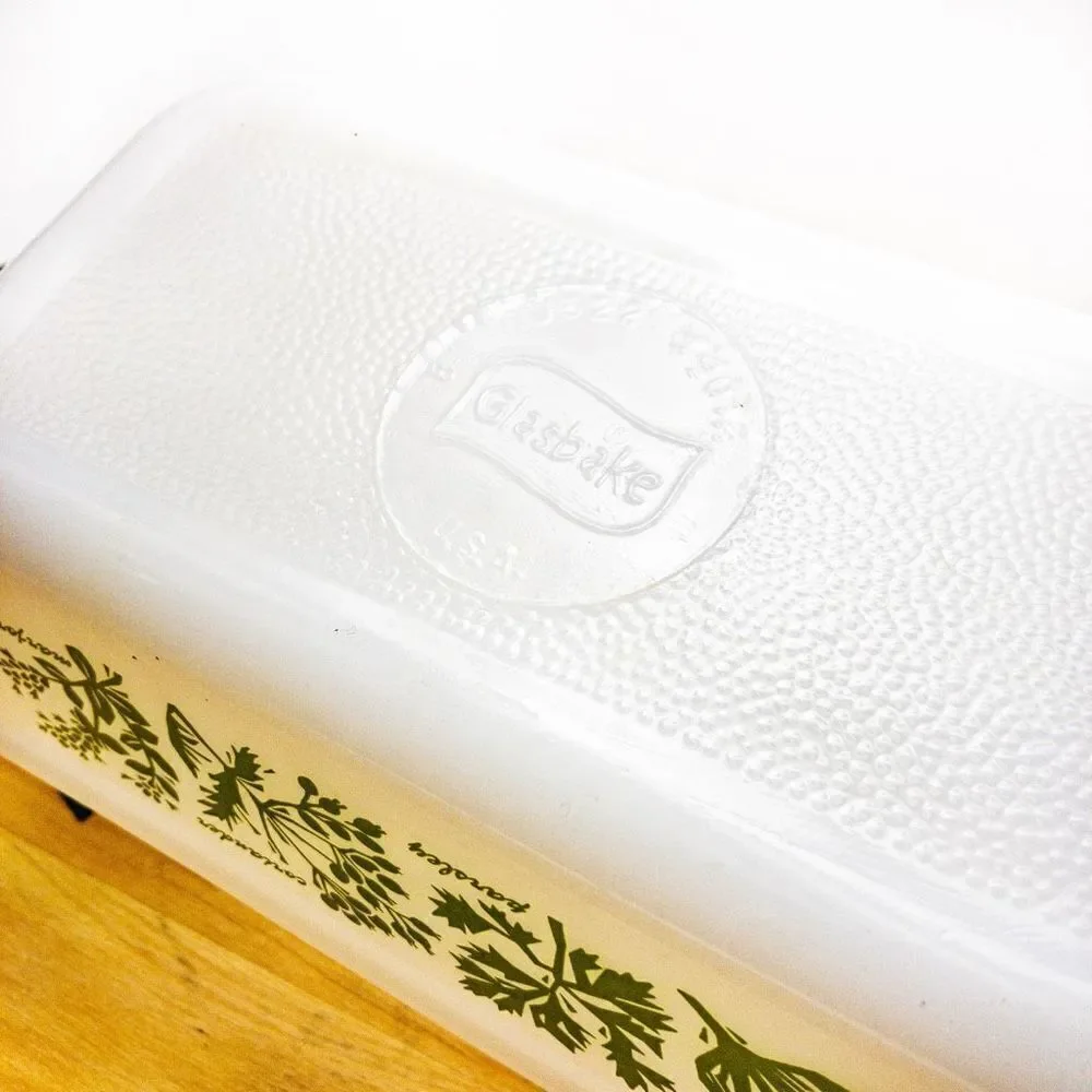 1960’s VTG Glasbake J522 1.5 Quart Milk Glass Loaf Pan Green Herb Pattern